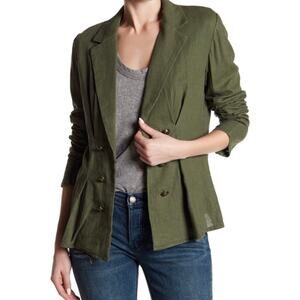 Free People Linen Blazer Jacket Military Inspired Olive Green Boho Size XS EUC